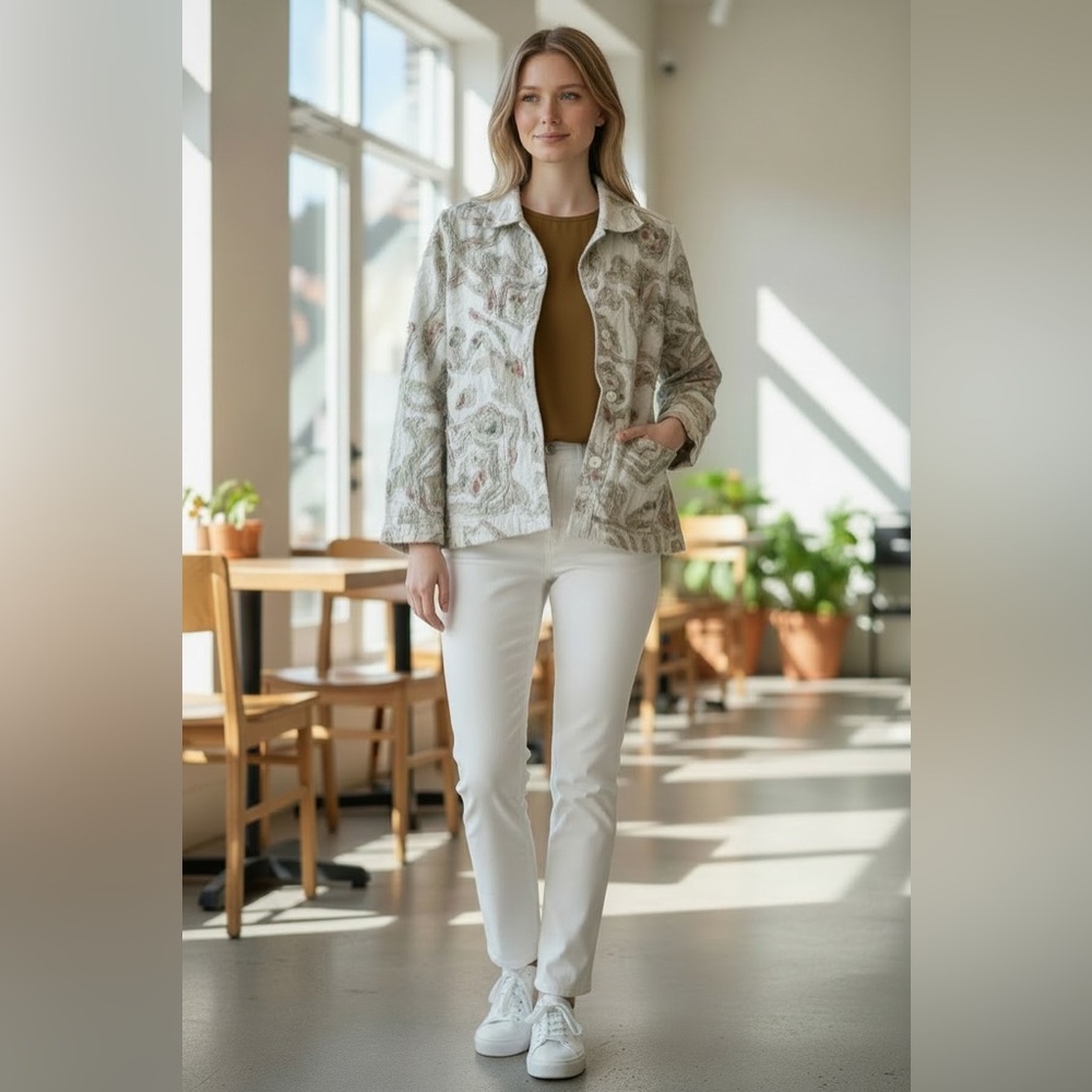 Parsley and sage size M reversible jacket. Embroidered flowers/cream.